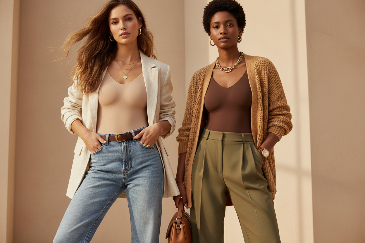 Deux femmes en combinaison skin et brown style décontracté chic